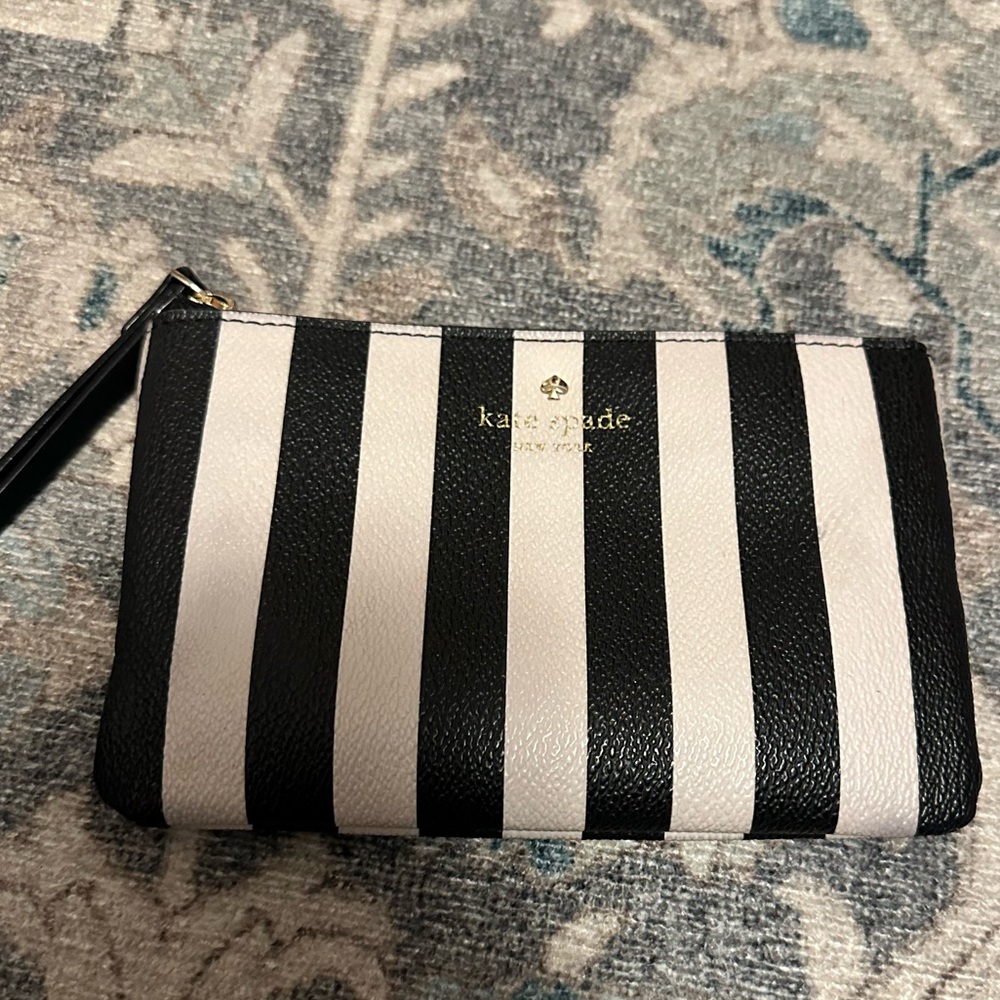 Kate Spade Women’s Leather Black and White Stripe Wristlet Clutch - Picture 2 of 11